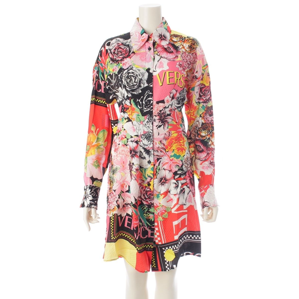 Versace Silk Logo Floral Shirt Dress Top Pink 38