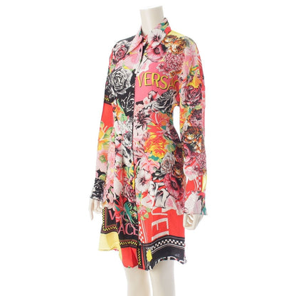 Versace Silk Logo Floral Shirt Dress Top Pink 38 — view 2