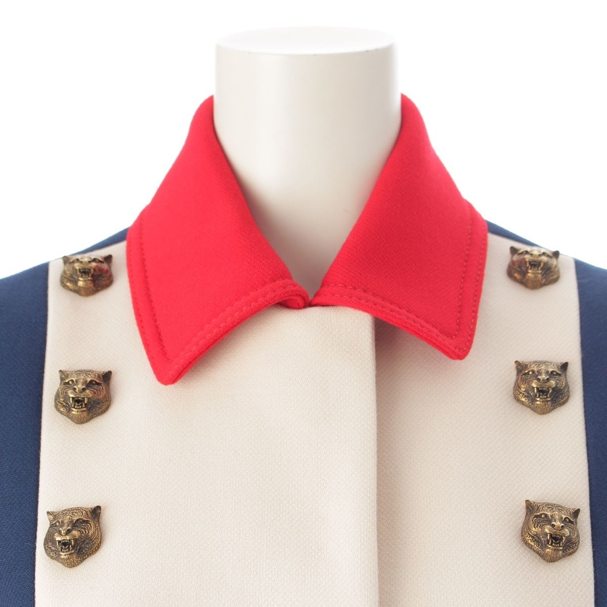 Gucci Tiger Wool Rayon Tricolor Soutien Collar Coat Navy White Red 36 — view 5