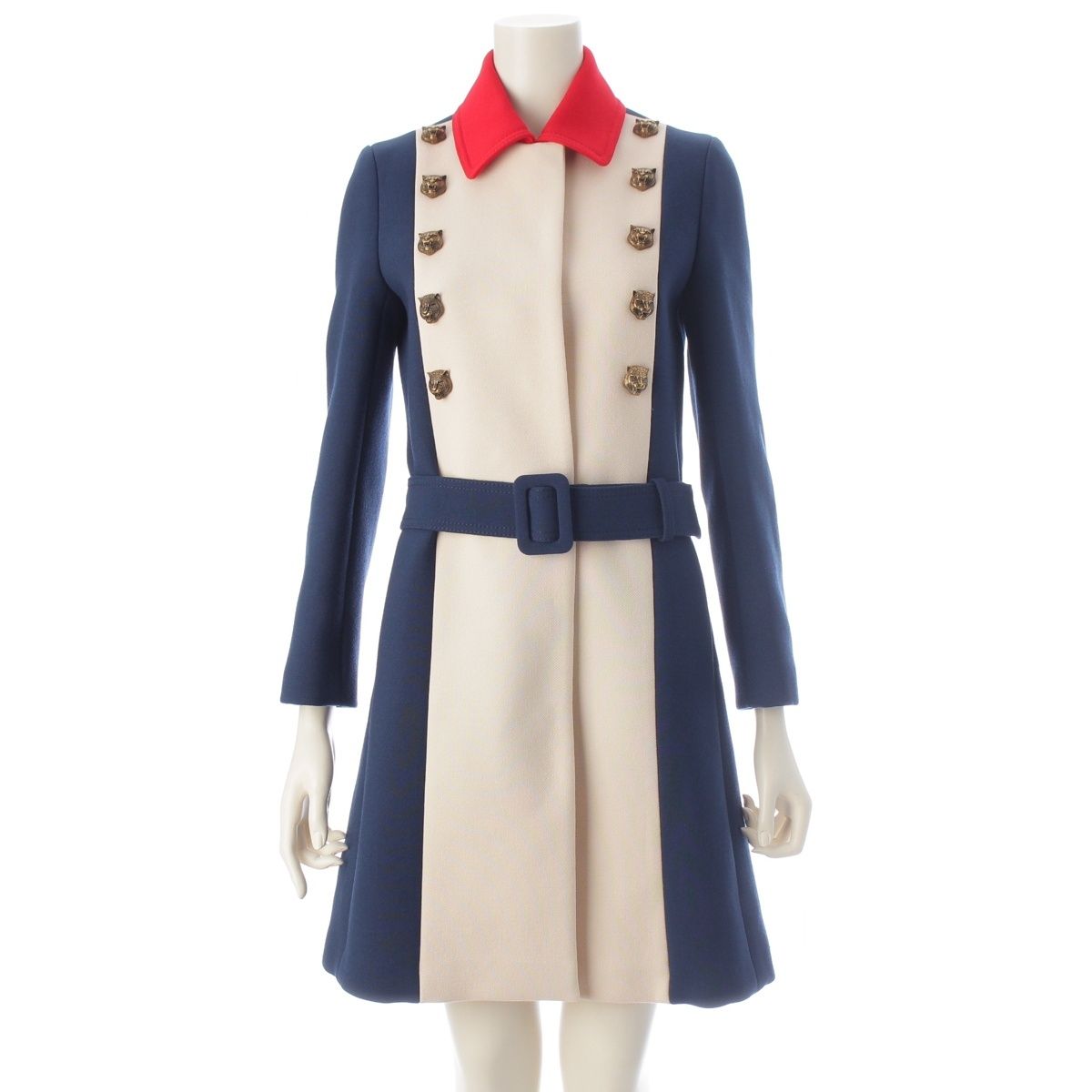 Gucci Tiger Wool Rayon Tricolor Soutien Collar Coat Navy White Red 36