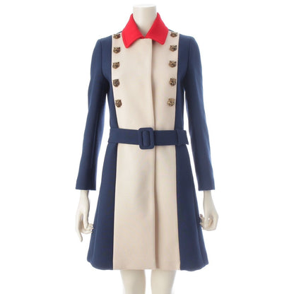Gucci Tiger Wool Rayon Tricolor Soutien Collar Coat Navy White Red 36