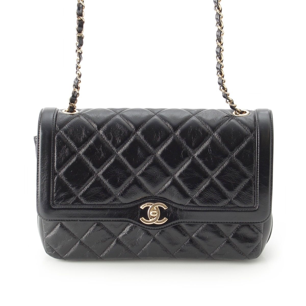 Chanel 25 Shiny Aged Calfskin Chain Shoulder Bag Black