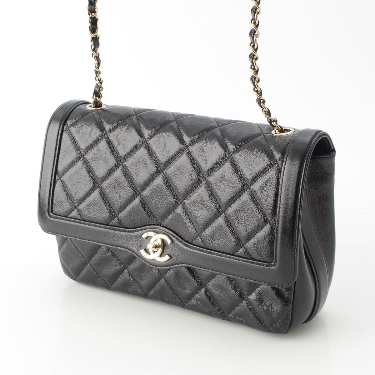Chanel 25 Shiny Aged Calfskin Chain Shoulder Bag Black — view 2
