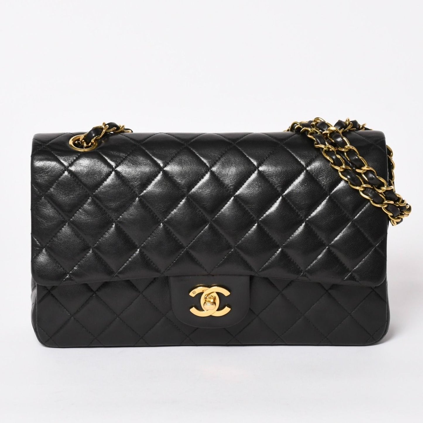 Chanel Quilted 25 Double Flap Chain Shoulder Bag Lambskin CC Logo Black