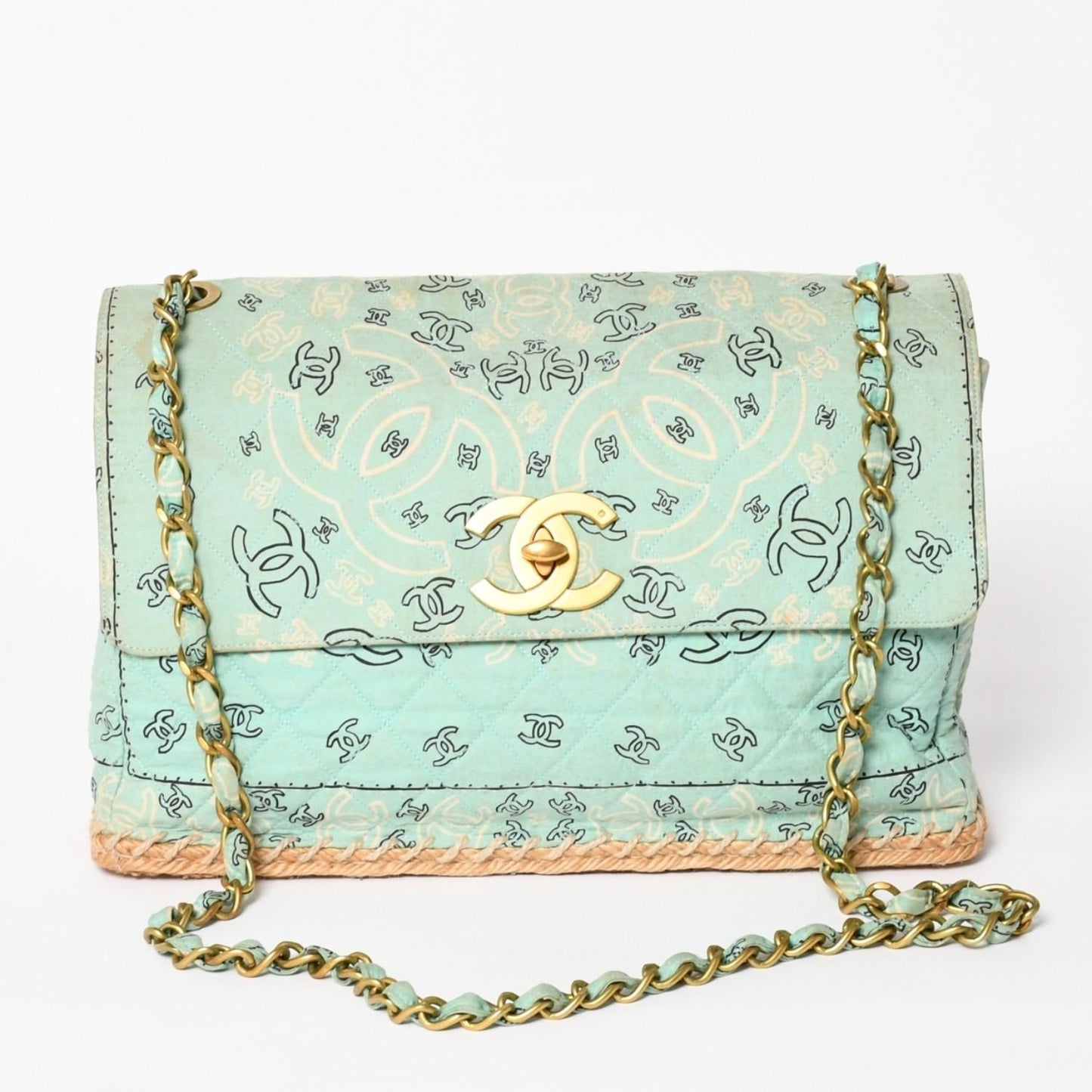 Chanel Maxi Quilted 33 S Flap S Chain Shoulder Bag CC Logo Paisley Light Blue