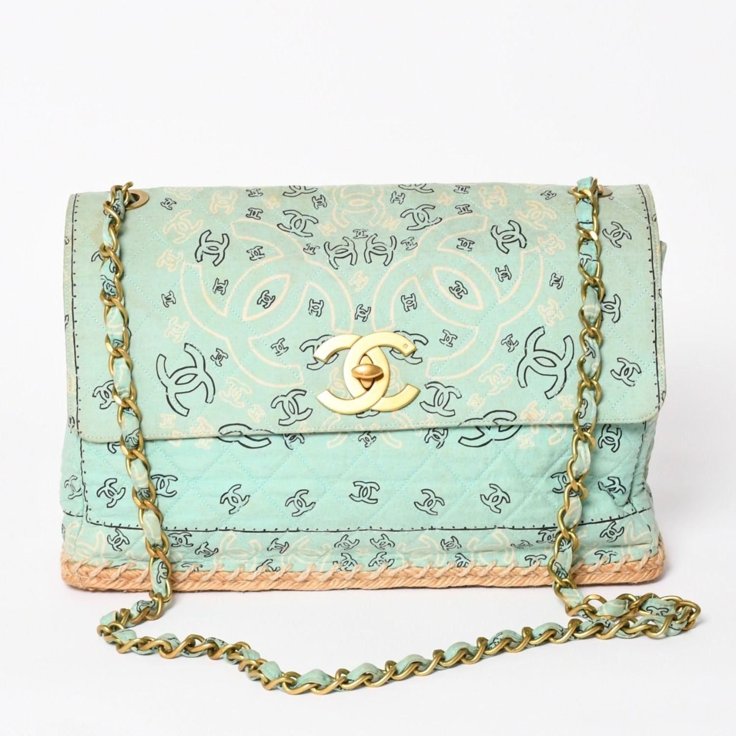 Chanel Maxi Quilted 33 S Flap S Chain Shoulder Bag CC Logo Paisley Light Blue