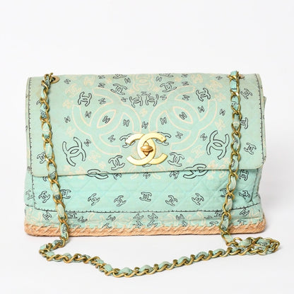 Chanel Maxi Quilted 33 S Flap S Chain Shoulder Bag CC Logo Paisley Light Blue