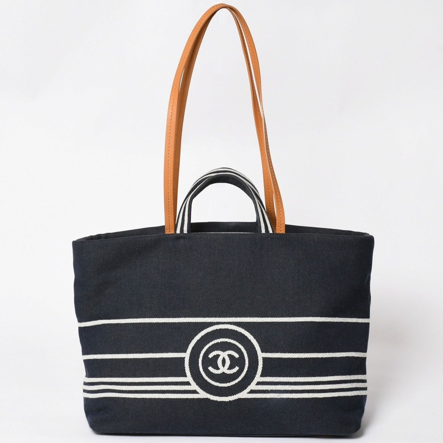 Chanel 2-Way Tote Bag CC Logo Denim Leather Navy Brown Silver