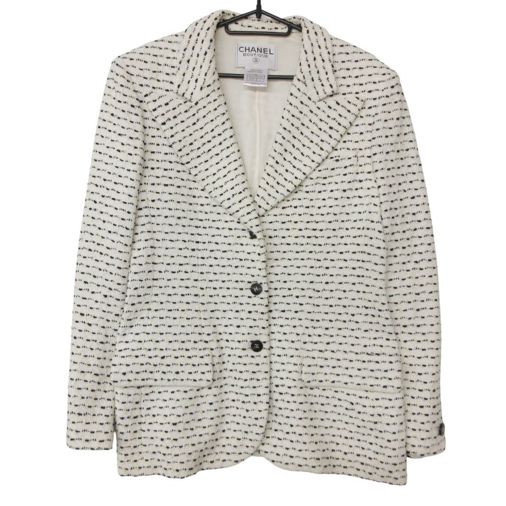 Chanel Tailored Jacket Monochrome Tweed Peaked Lapel CC Logo Button White Black