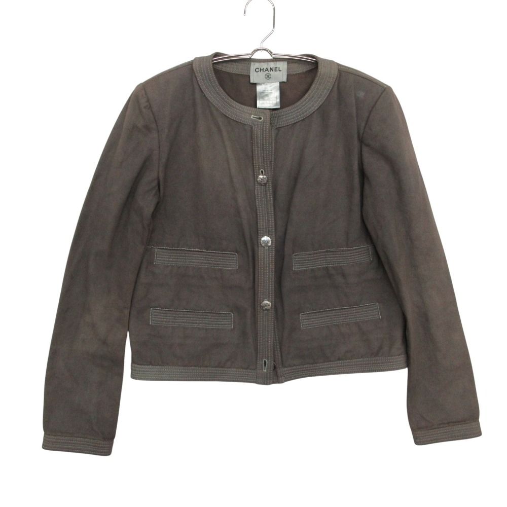 Chanel Collarless Jacket Vintage CC Logo Button Cotton Brown