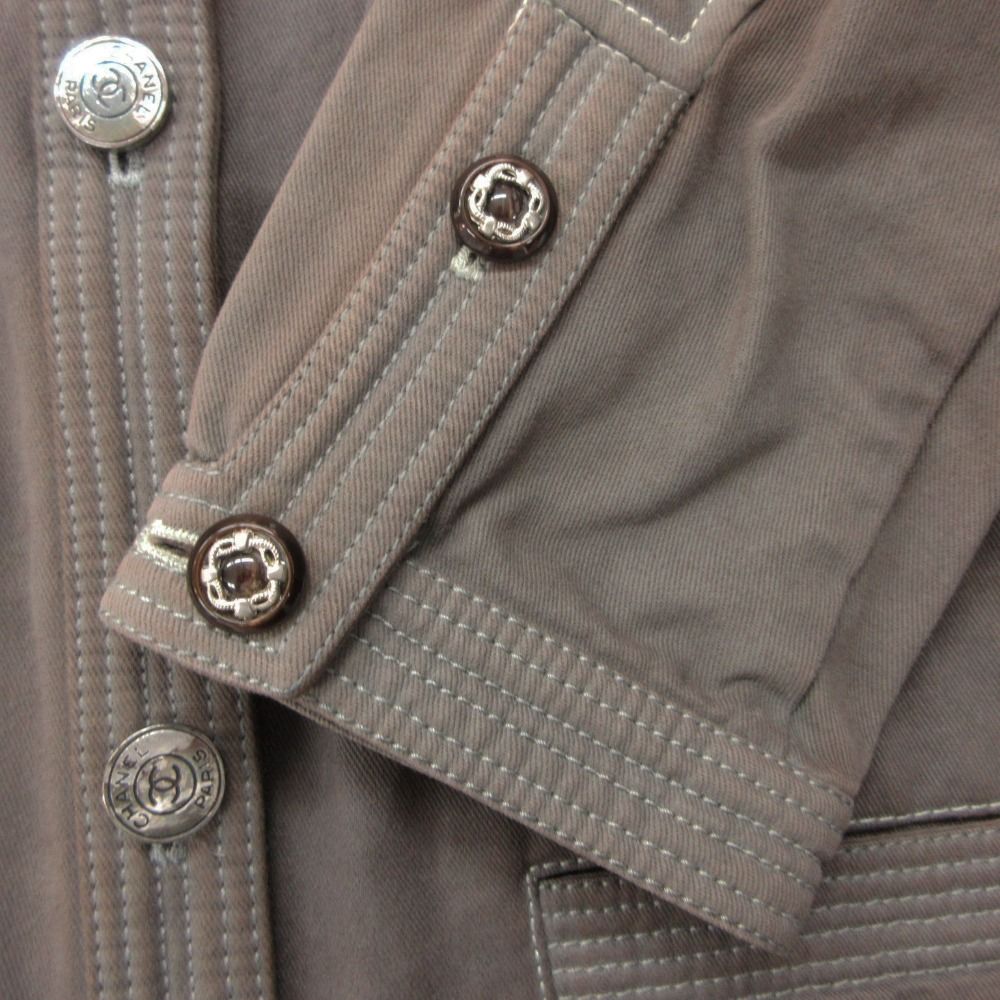 Chanel Collarless Jacket Vintage CC Logo Button Cotton Brown — view 7