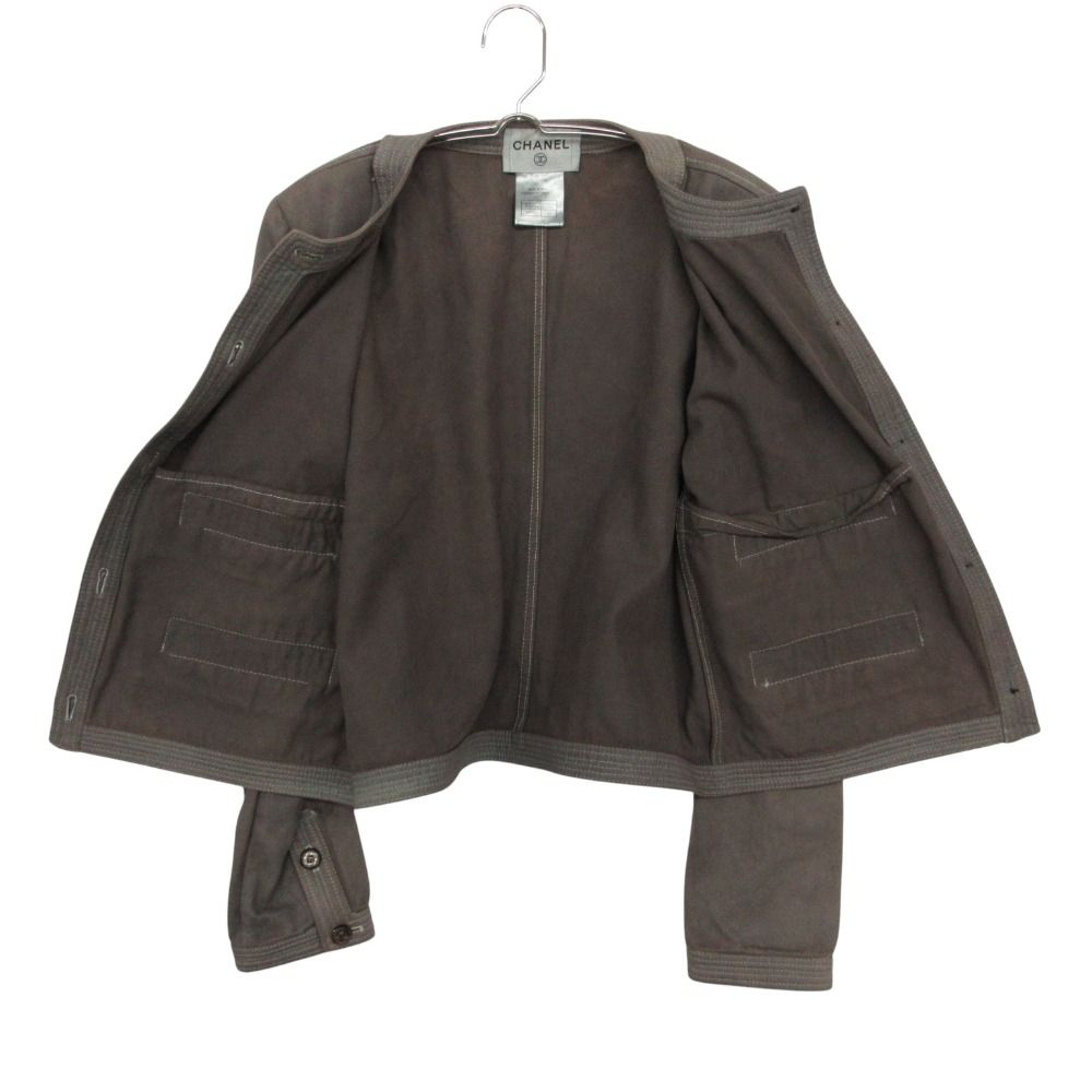Chanel Collarless Jacket Vintage CC Logo Button Cotton Brown — view 3
