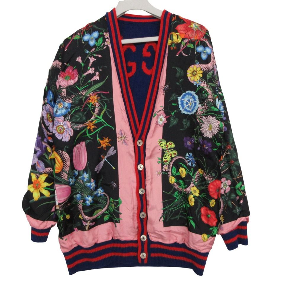 Gucci Cardigan Long Sleeve Neck Knit Jacket GG Pattern Floral Wool Silk