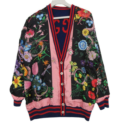 Gucci Cardigan Long Sleeve Neck Knit Jacket GG Pattern Floral Wool Silk