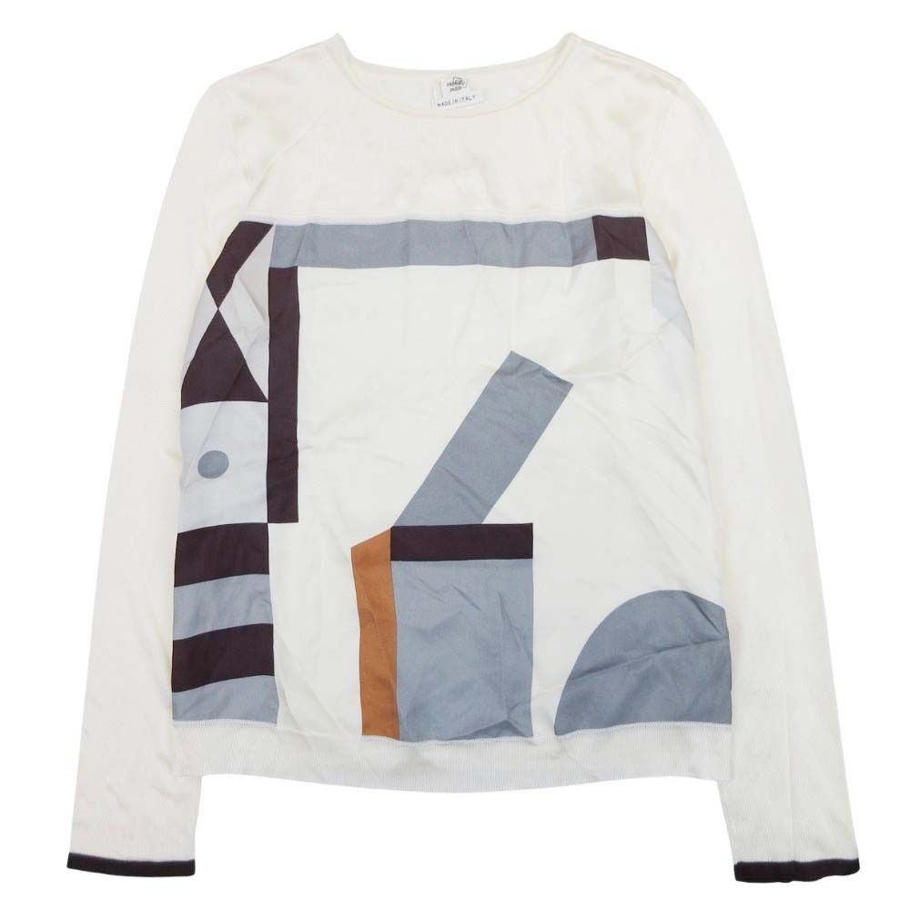 Hermes Twillaine Knit Silk Long Sleeve Geometric Pattern Top 34 Ivory Gray