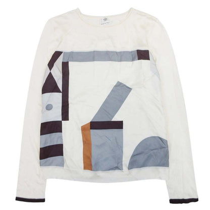 Hermes Twillaine Knit Silk Long Sleeve Geometric Pattern Top 34 Ivory Gray