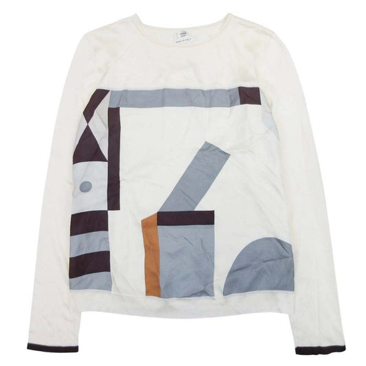 Hermes Twillaine Knit Silk Long Sleeve Geometric Pattern Top 34 Ivory Gray