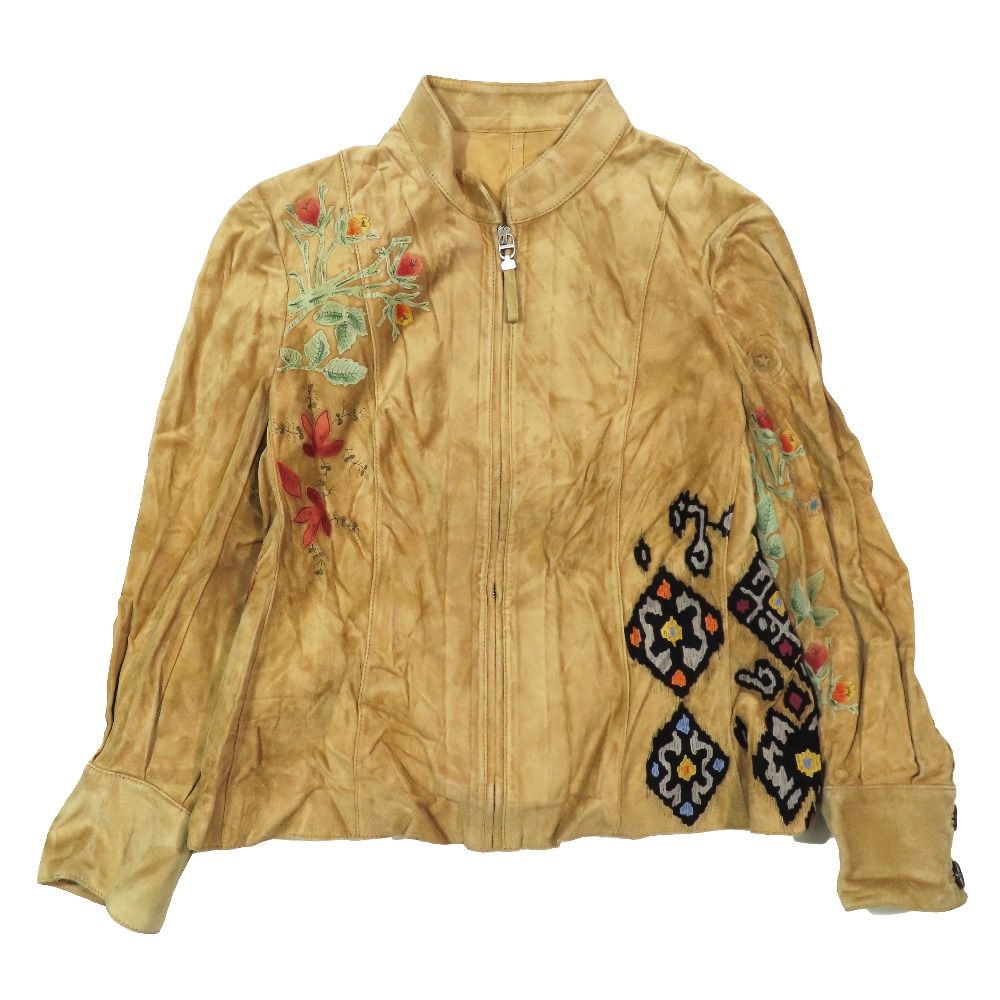 Dior Suede Cowhide Cow Leather Jacket Floral Patch 40 Beige