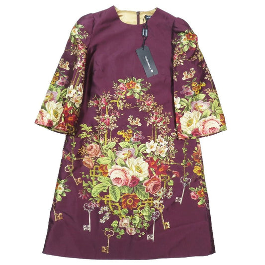 Dolce & Gabbana All Over Pattern Dress Flower Silk Knee Length 38 Wine