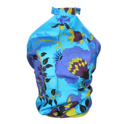 Dior Flower Halter Neck Silk Top Shirt Blouse Blue