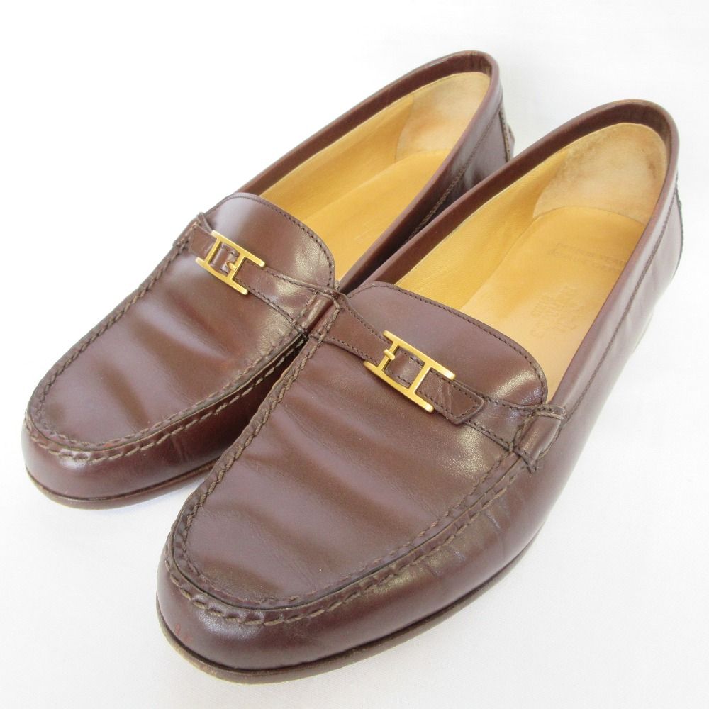 Hermes Hapi Belt Leather Loafers Shoes Brown 36.5