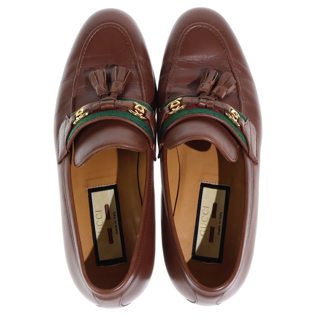 Gucci Interlocking G Web Line Leather Tassel Loafers Shoes Brown — view 4