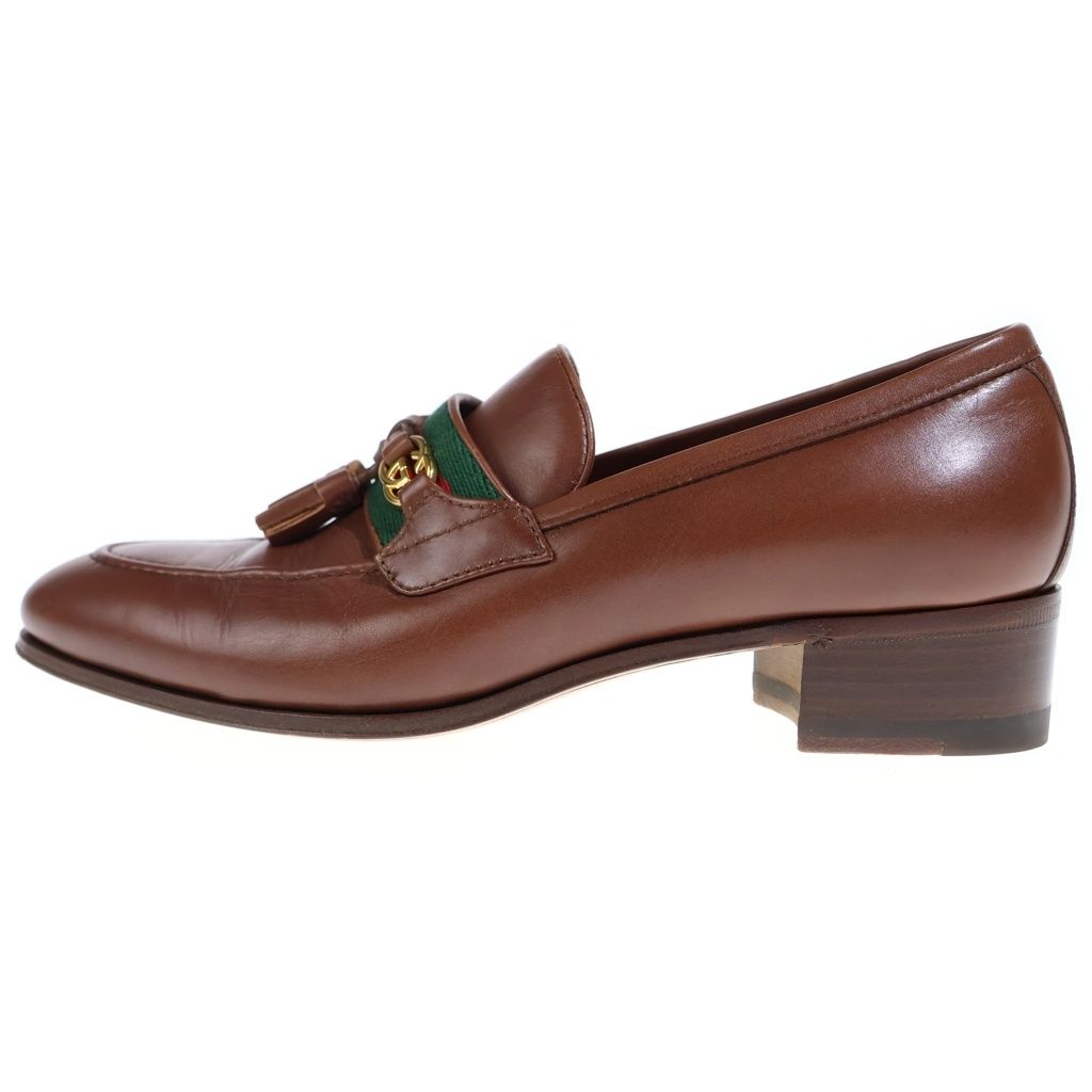Gucci Interlocking G Web Line Leather Tassel Loafers Shoes Brown