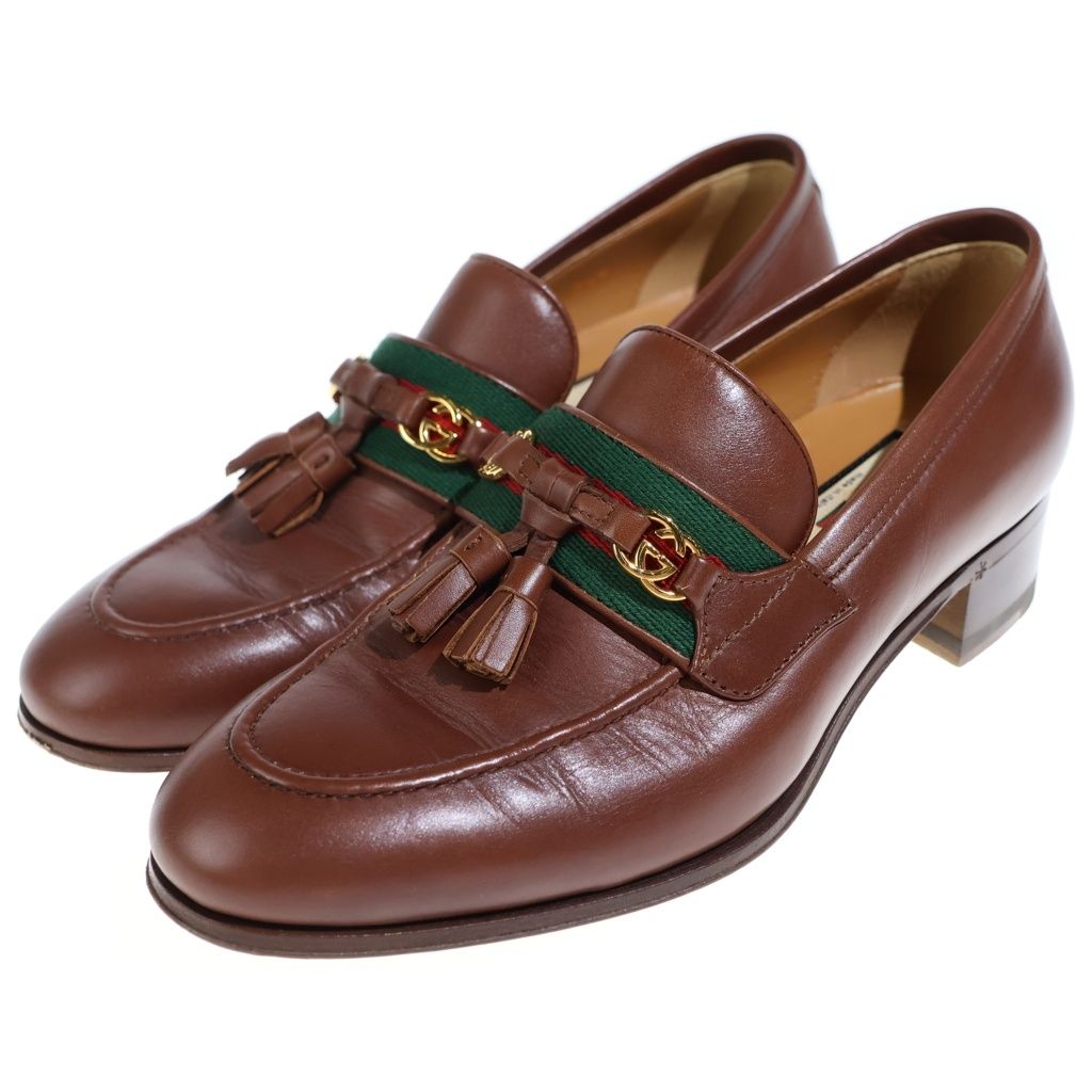 Gucci Interlocking G Web Line Leather Tassel Loafers Shoes Brown — view 2