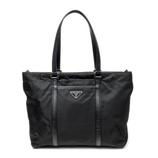 Prada Zip Shopping Tote Bag Black Nylon Canvas