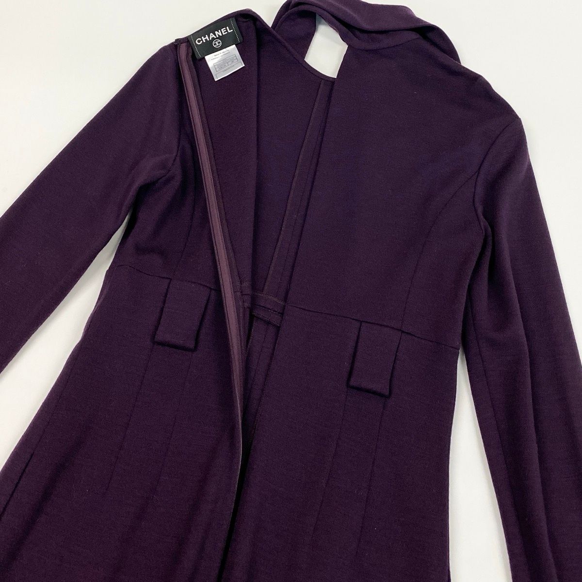 Chanel Wool Dress Long Sleeve Long Bowtie Ribbon 40 Purple — view 4