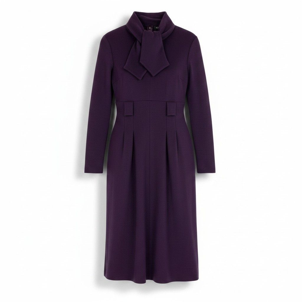 Chanel Wool Dress Long Sleeve Long Bowtie Ribbon 40 Purple