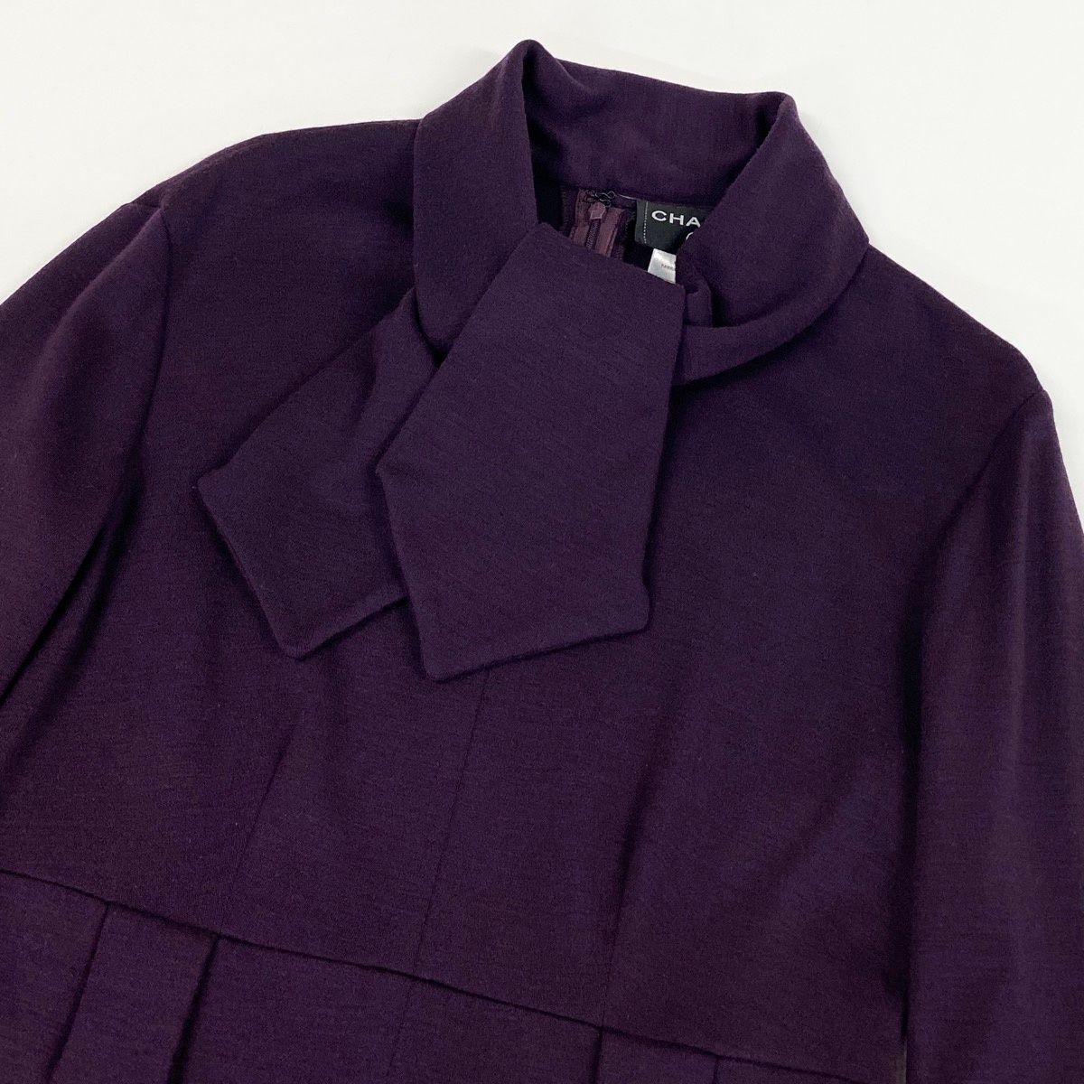 Chanel Wool Dress Long Sleeve Long Bowtie Ribbon 40 Purple — view 5