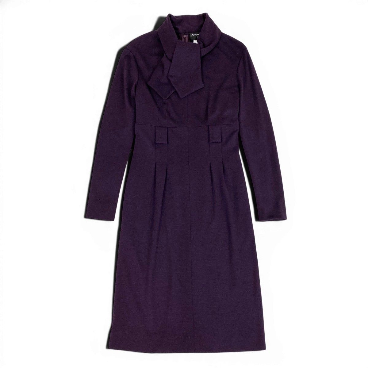 Chanel Wool Dress Long Sleeve Long Bowtie Ribbon 40 Purple — view 2
