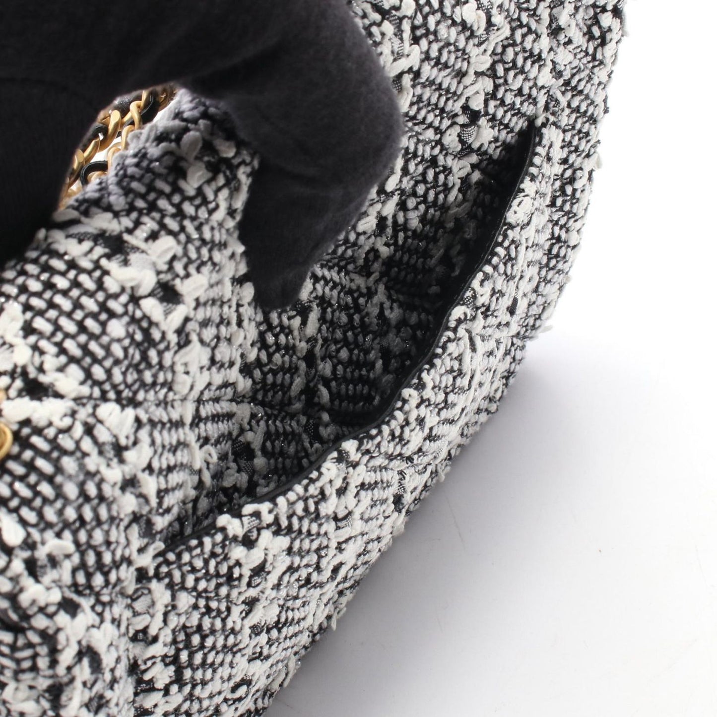Chanel Shoulder Bag Quilted Faux Pearl White Black Fabric Leather Small Flap — view 8
