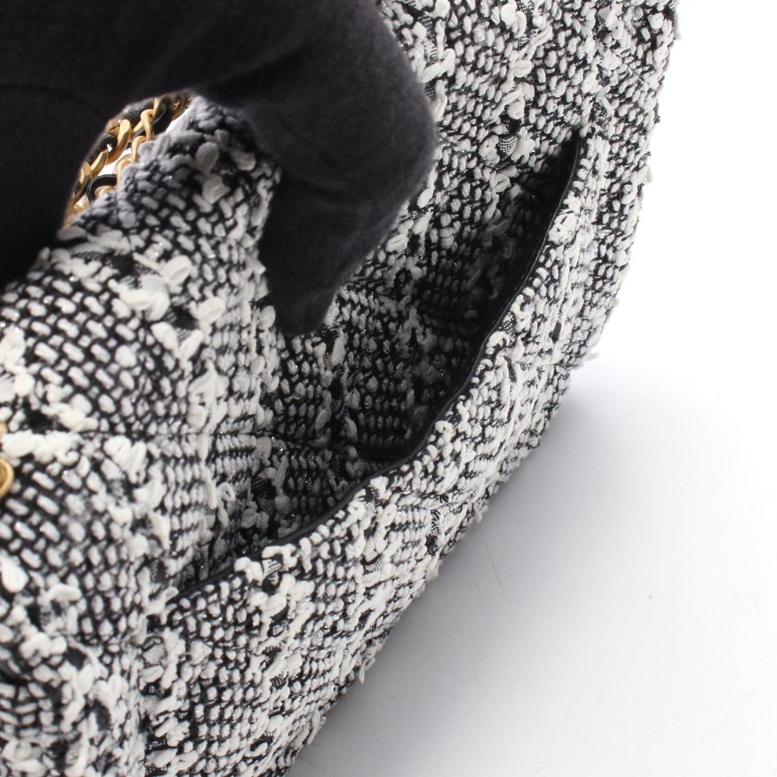 Chanel Shoulder Bag Quilted Faux Pearl White Black Fabric Leather Small Flap — view 8
