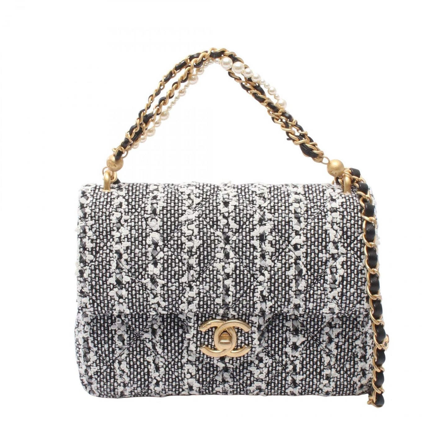 Chanel Shoulder Bag Quilted Faux Pearl White Black Fabric Leather Small Flap