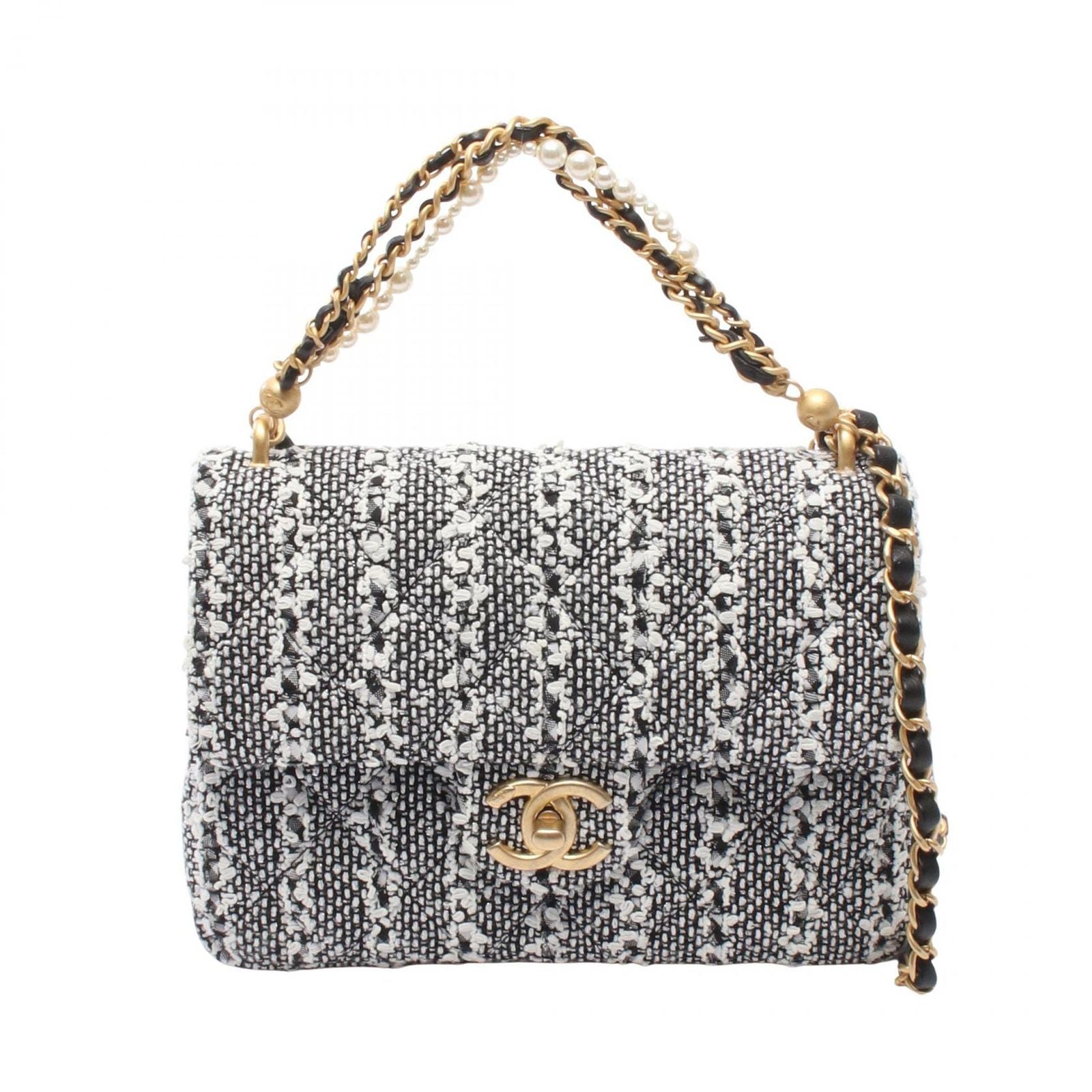 Chanel Shoulder Bag Quilted Faux Pearl White Black Fabric Leather Small Flap
