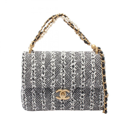 Chanel Shoulder Bag Quilted Faux Pearl White Black Fabric Leather Small Flap