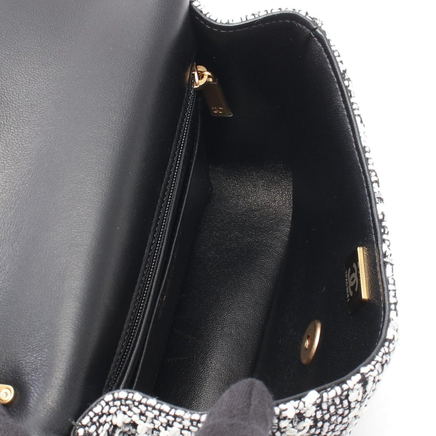 Chanel Shoulder Bag Quilted Faux Pearl White Black Fabric Leather Small Flap — view 3