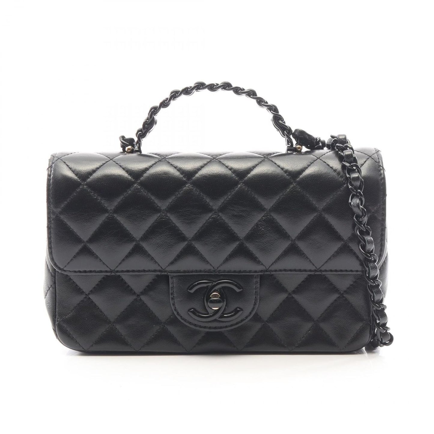 Chanel Shoulder Bag Quilted Top Handle Black 2-Way Lambskin Top Plastic Chain