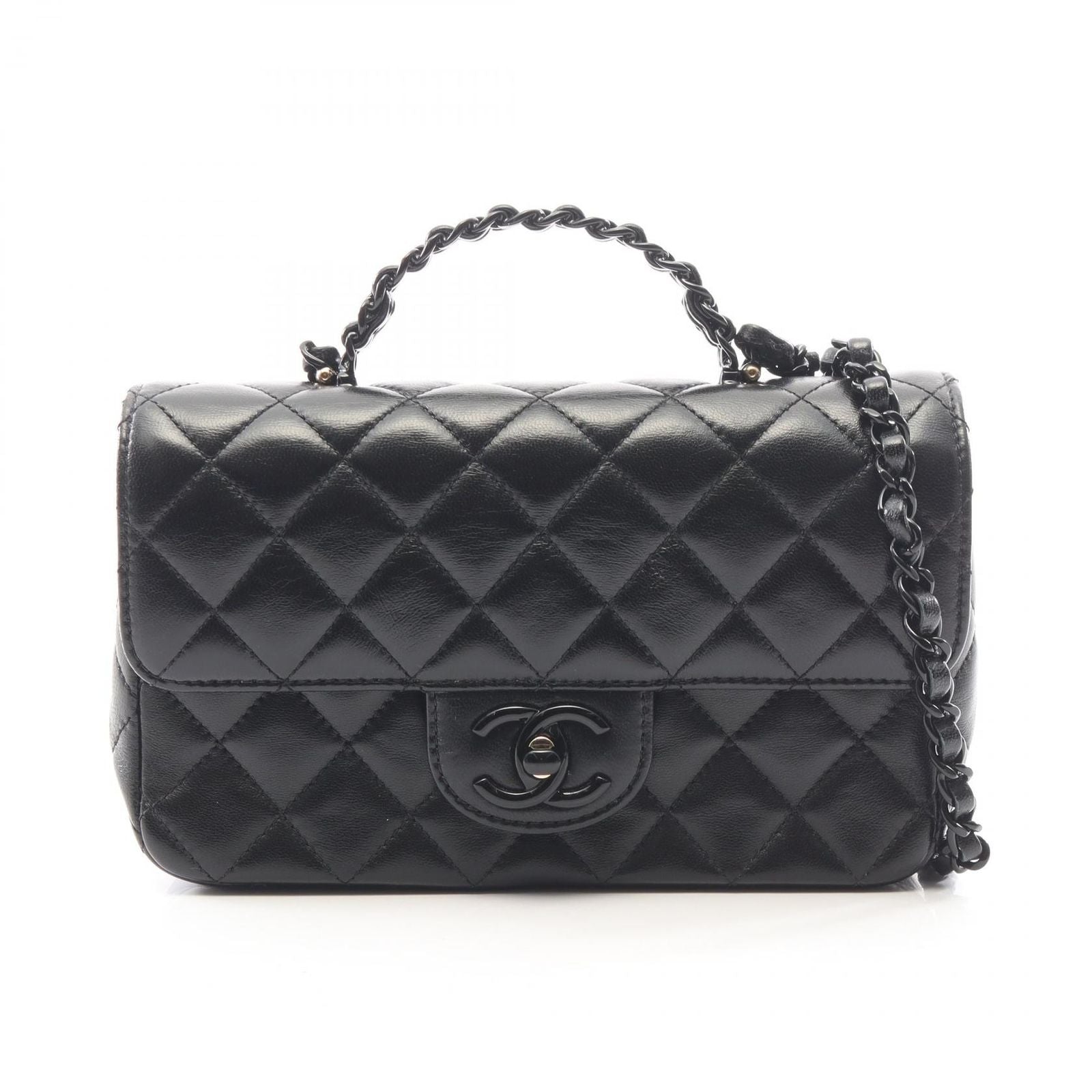 Chanel Shoulder Bag Quilted Top Handle Black 2-Way Lambskin Top Plastic Chain