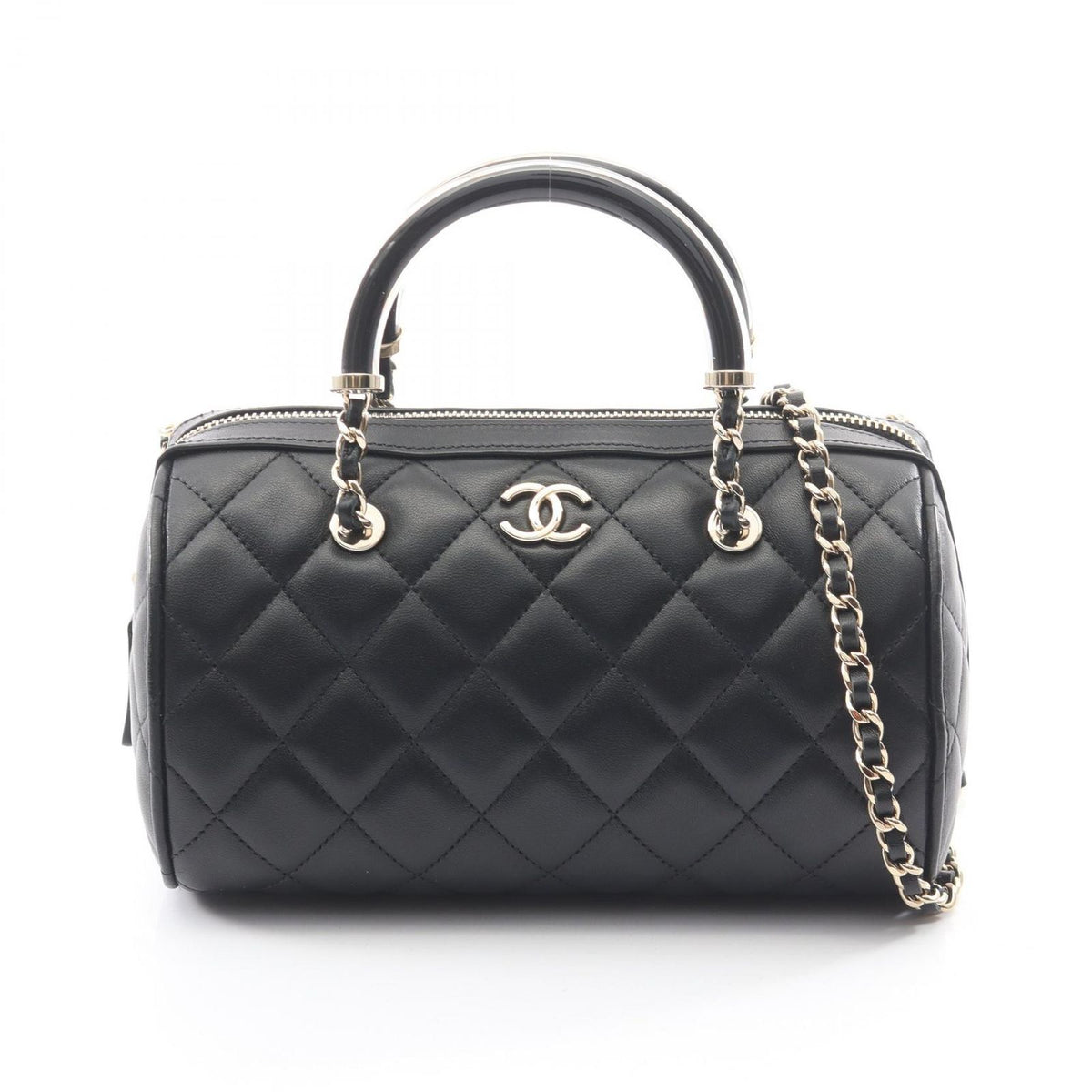 Chanel Quilted 2-Way Black Lambskin Mini Boston Bag