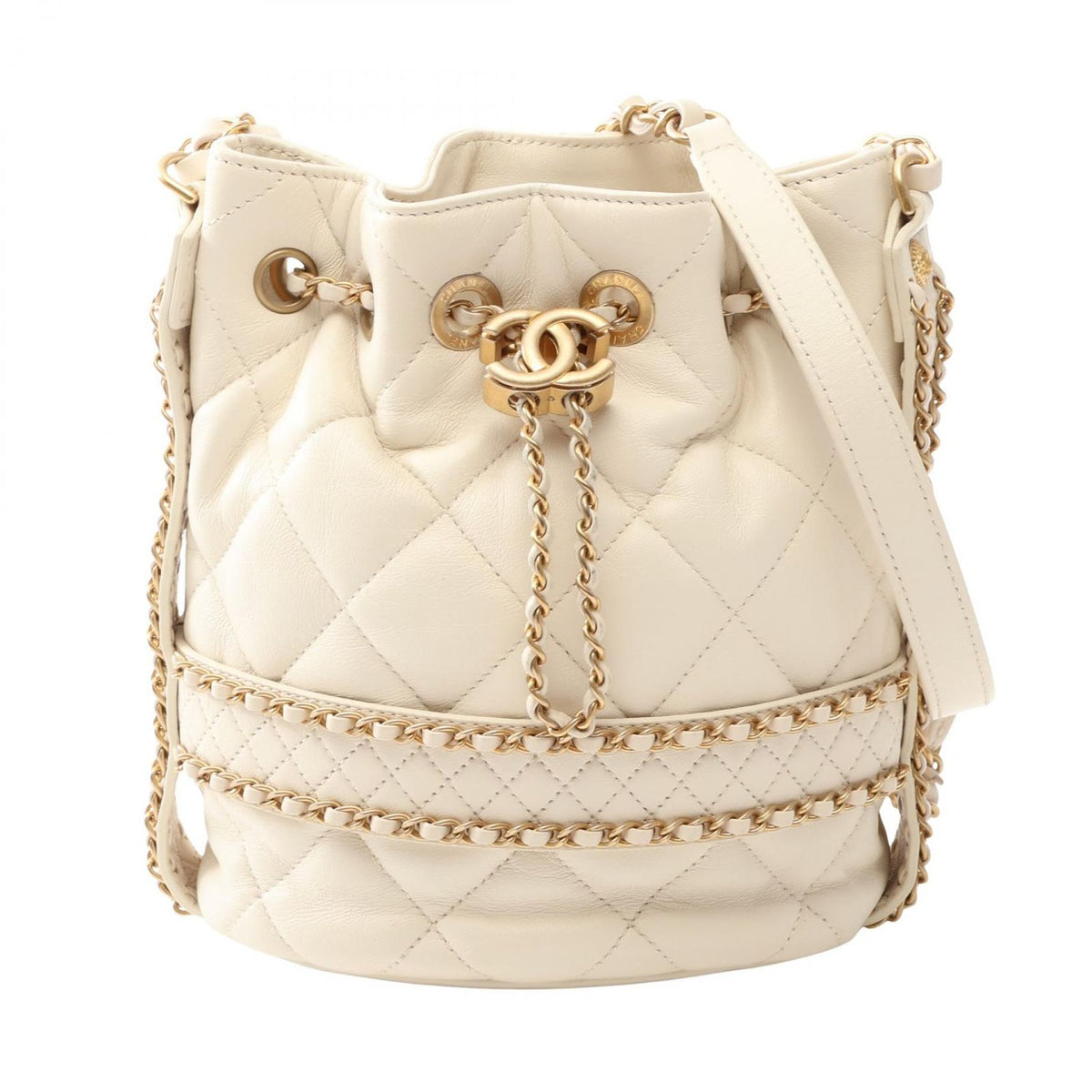 Chanel Shoulder Bag Quilted Drawstring Off White Lambskin