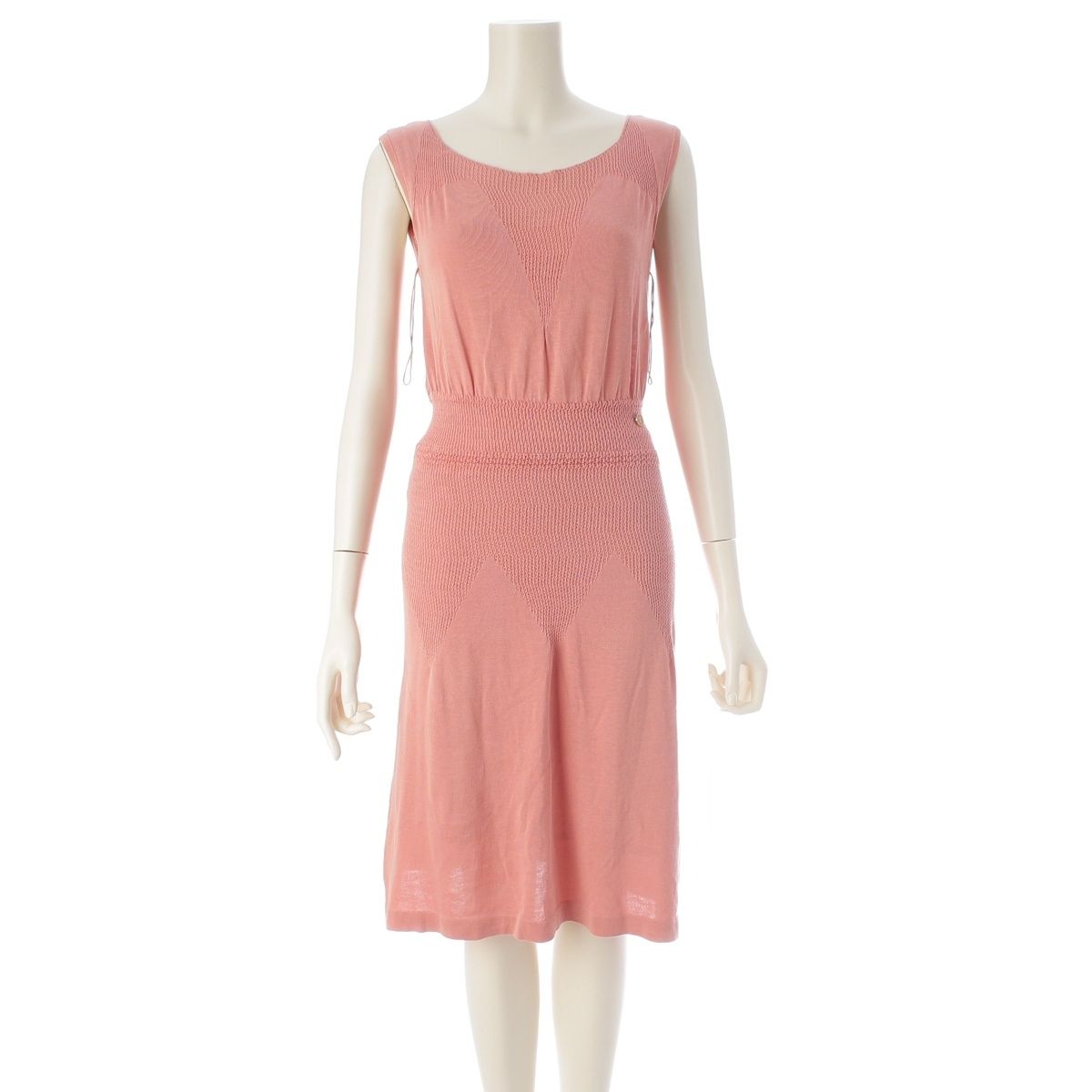 Chanel Cotton Change Knit CC Logo Plate Dress Sleeveless Top Skirt Pink 38