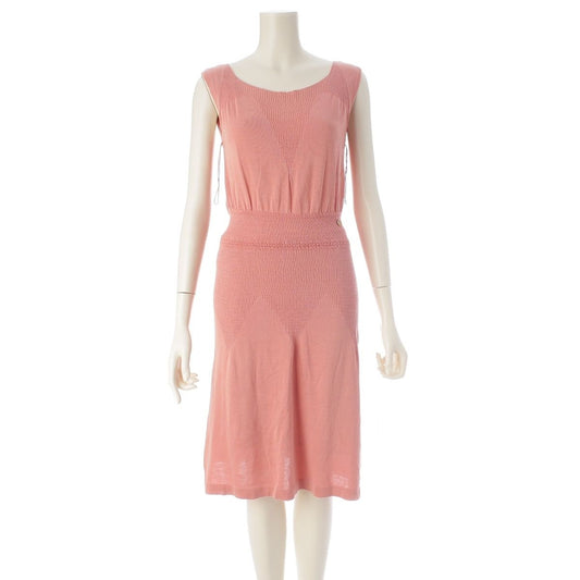 Chanel Cotton Change Knit CC Logo Plate Dress Sleeveless Top Skirt Pink 38