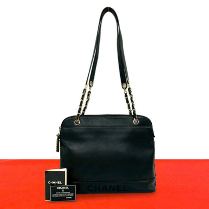 Chanel Card Vintage Logo Caviar Leather Chain Shoulder Bag Black
