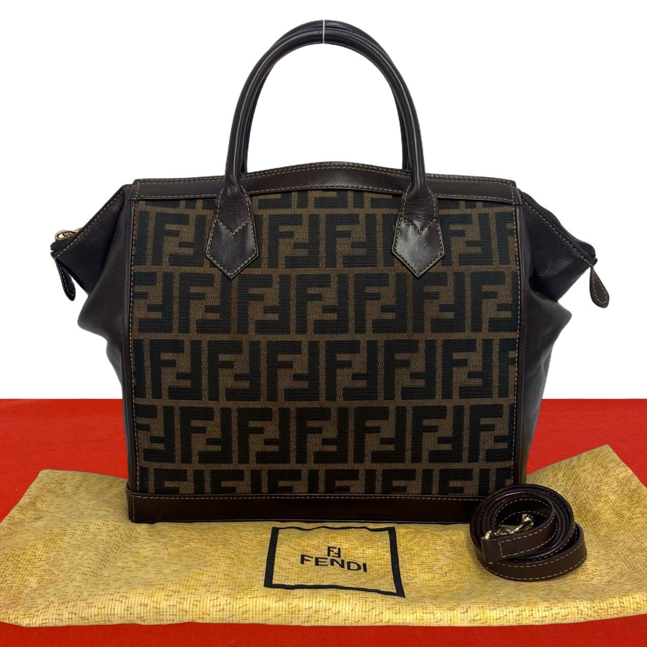 Fendi Vintage Zucca FF Logo Pattern Canvas Leather Shoulder Bag Brown
