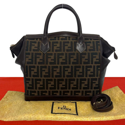 Fendi Vintage Zucca FF Logo Pattern Canvas Leather Shoulder Bag Brown