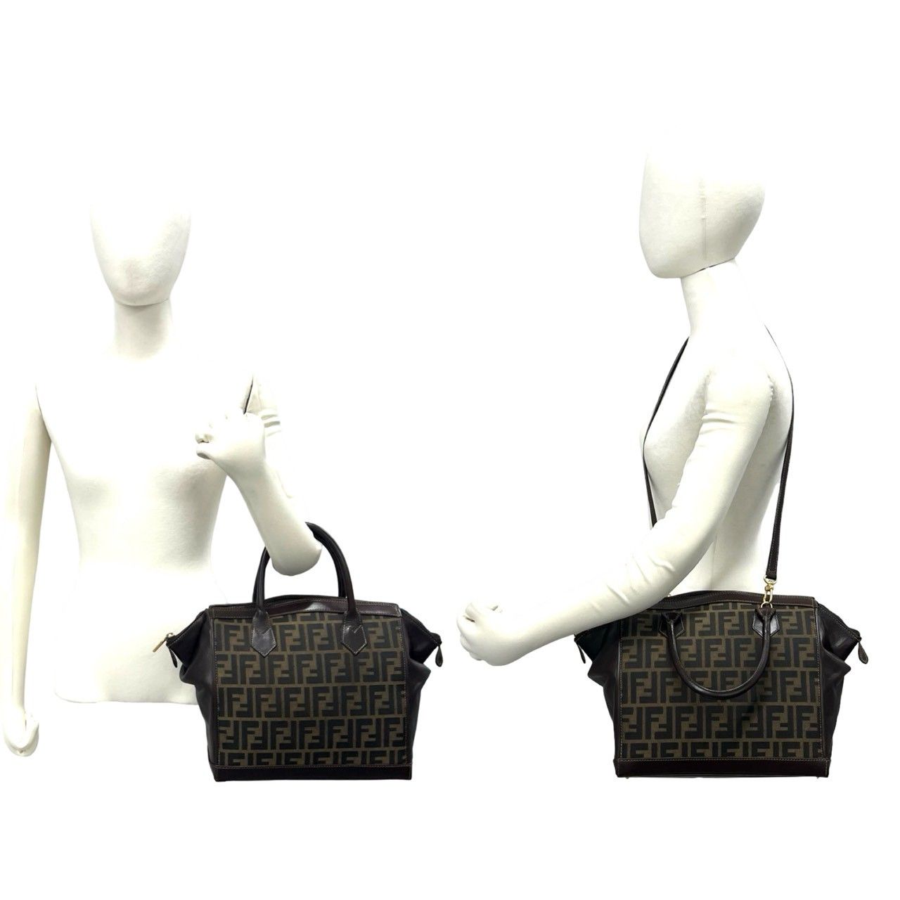 Fendi Vintage Zucca FF Logo Pattern Canvas Leather Shoulder Bag Brown — view 2