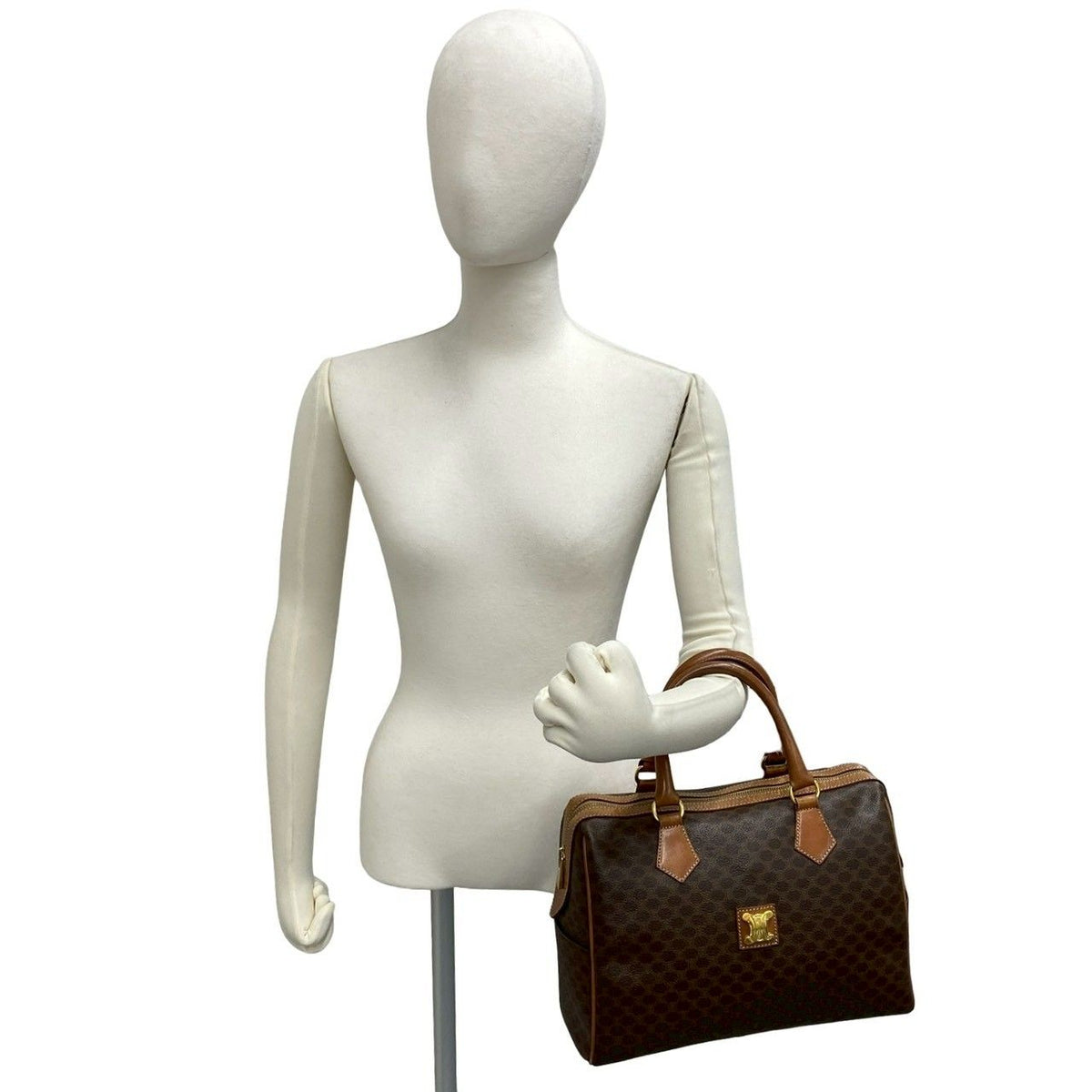 Celine Vintage Macadam Pattern Triomphe Logo Leather Boston Bag Brown — view 2